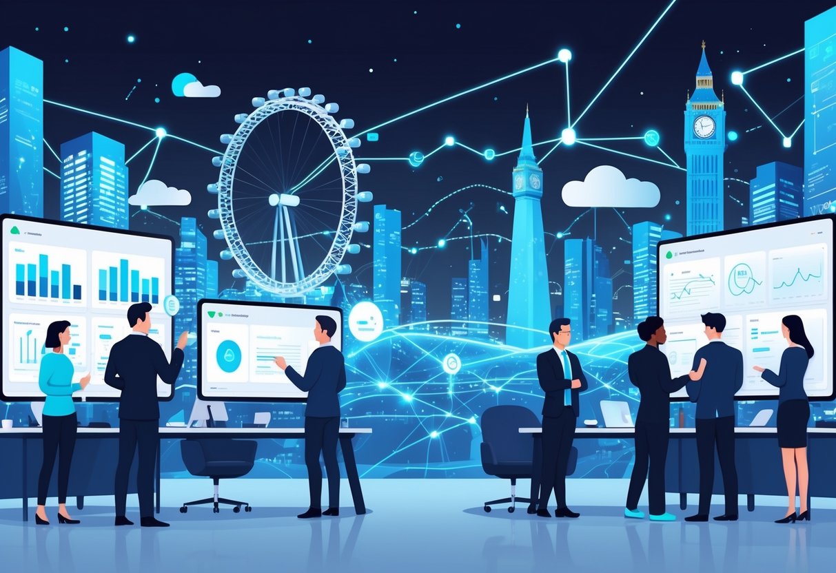 A modern office with professionals collaborating around digital screens showing animated charts and futuristic interfaces, with UK landmarks in a digital cityscape in the background.
