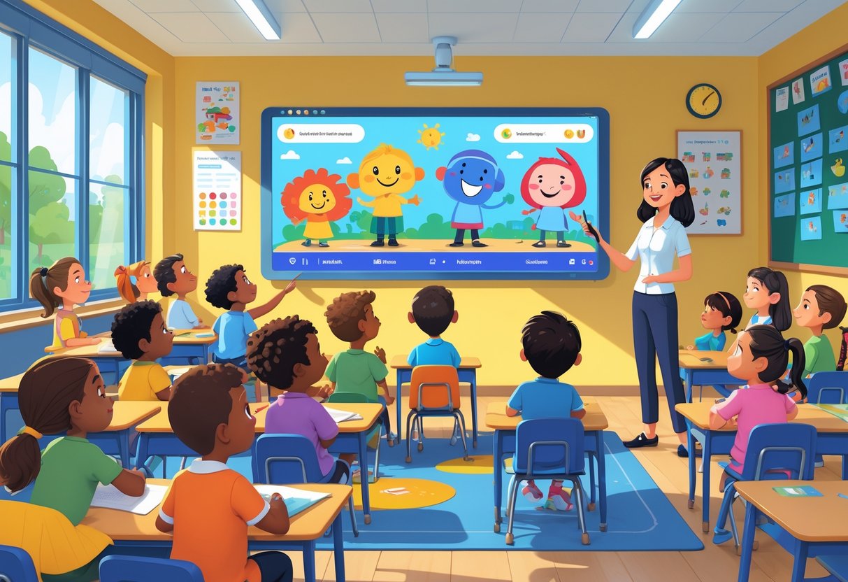 A primary school classroom in the UK with children watching an animated lesson on a digital screen while the teacher points at it.