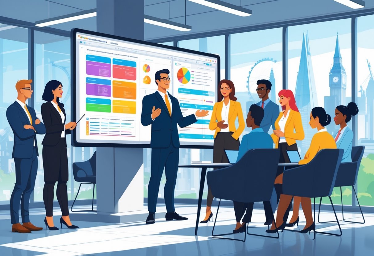 A business consultant presenting animation project plans to a group of professionals in a modern office with a city view.