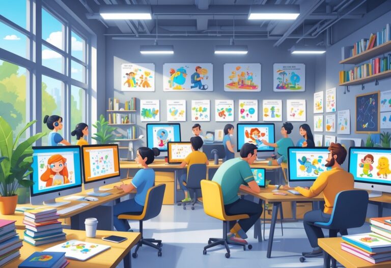 A bright animation studio where diverse artists work together on educational animations with storyboards and digital tools around them.