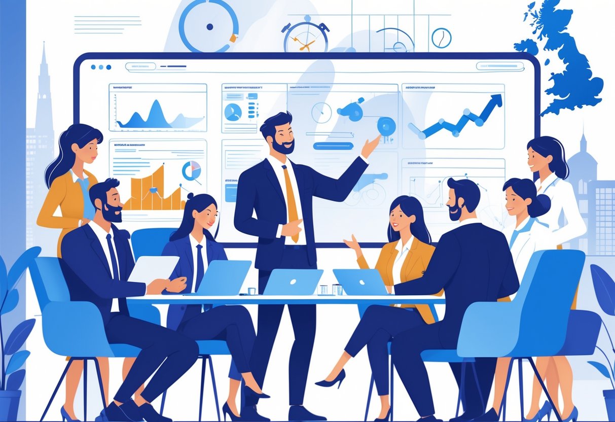 Business professionals in an office collaborating on animation projects with a consultant presenting digital storyboard concepts, with subtle UK-themed elements in the background.