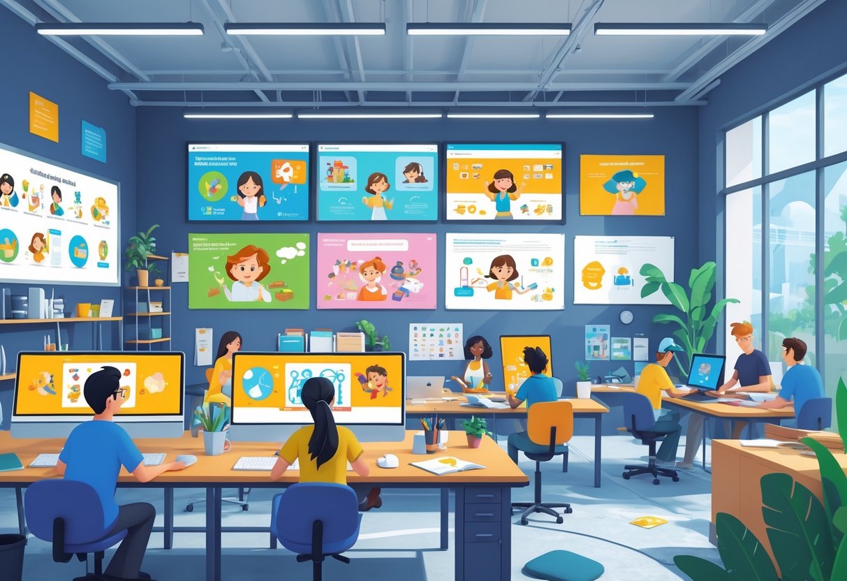 A busy animation studio where artists work on colourful educational animations with computers, storyboards, and creative tools in a bright, organised workspace.