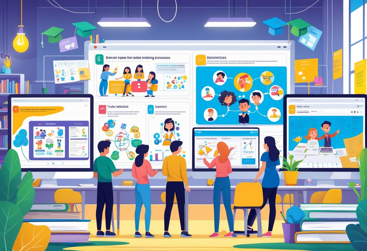 A team of people working together in an animation studio creating educational content with computers and drawing tools.