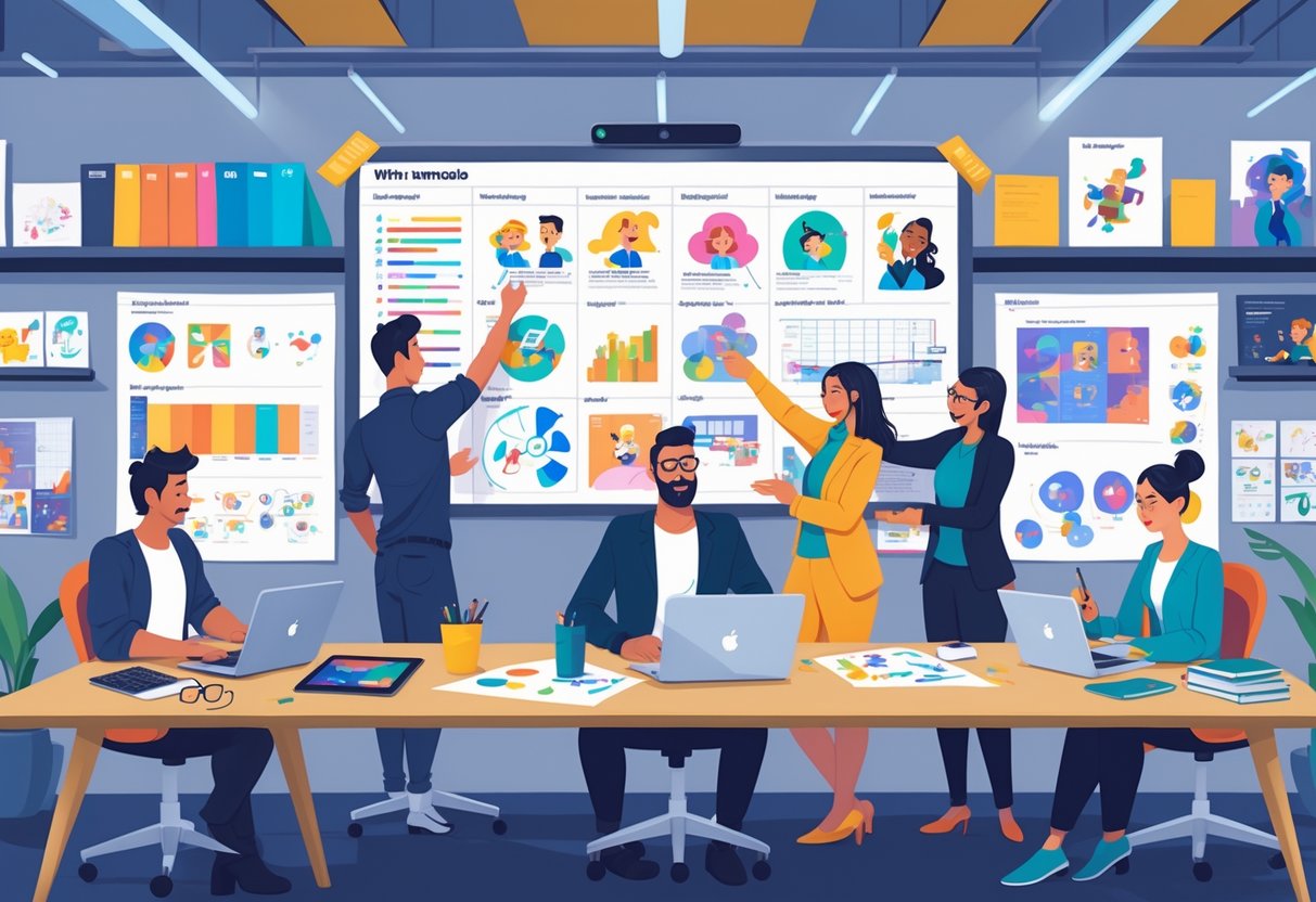 A team of creative professionals collaborating around a table with storyboards and animation sketches in a modern office.