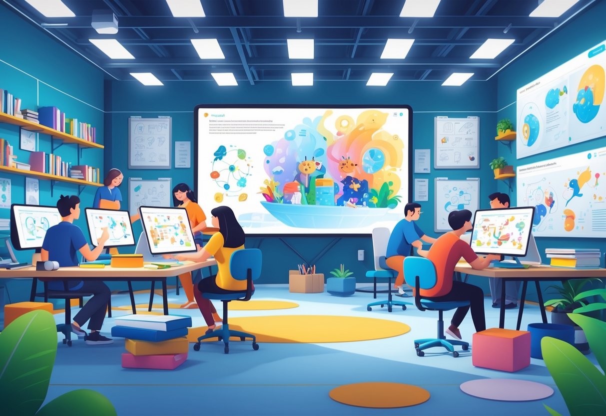 A bright animation studio with people working on digital drawings and educational animations displayed on screens.
