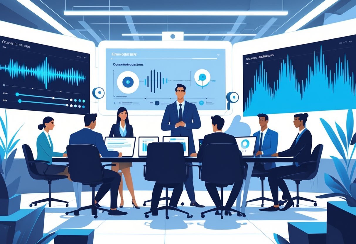 A group of professionals in an office collaborating on animation and sound design projects using digital devices and large screens.