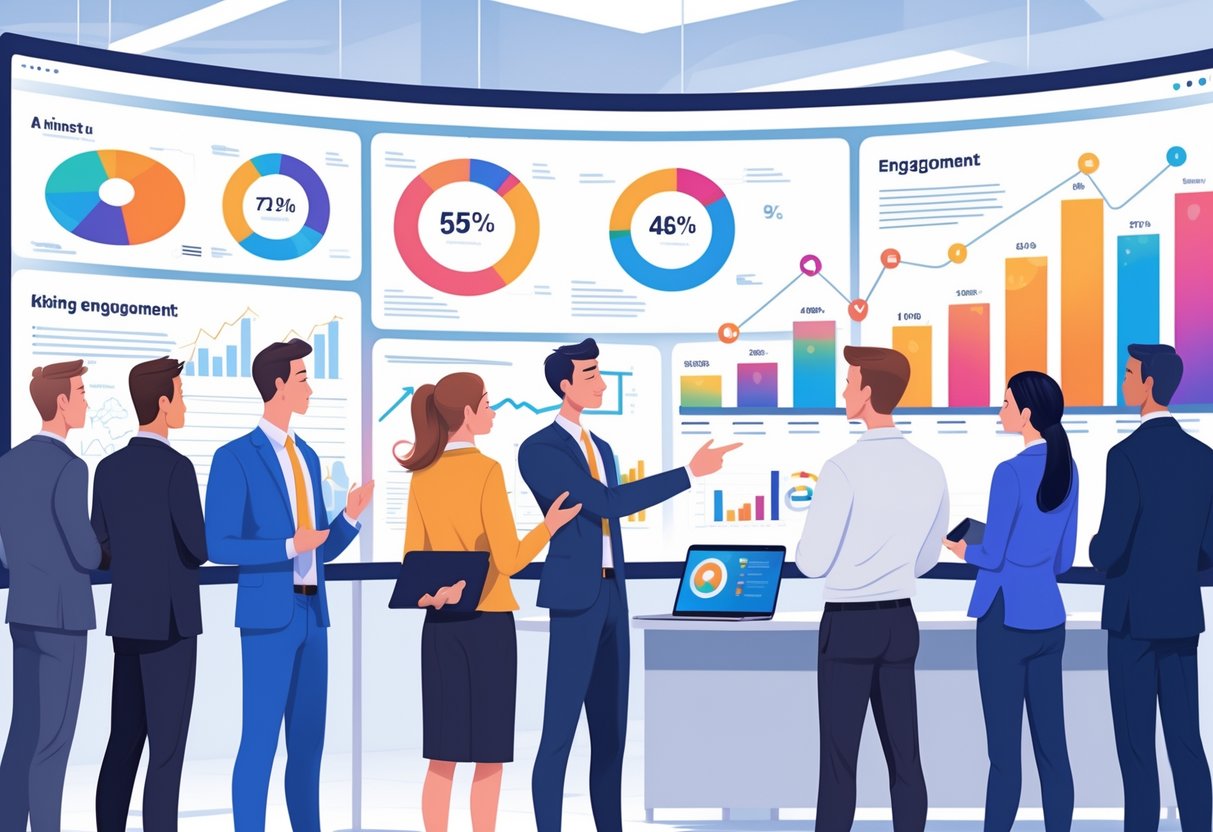 A group of business professionals in an office watching an animation consultant presenting animated charts and visual data on large screens.