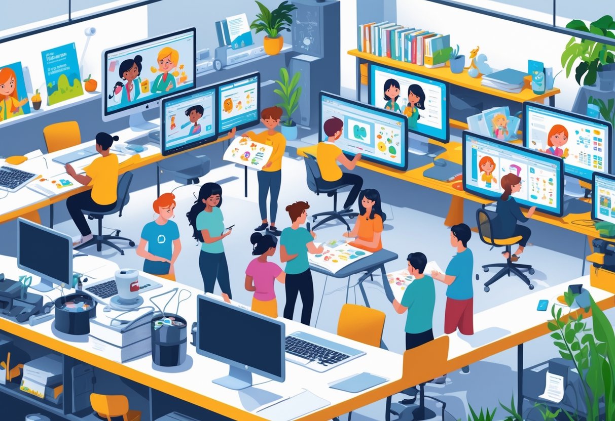 A modern animation studio where people work together using computers and digital tablets surrounded by educational materials and animation tools.