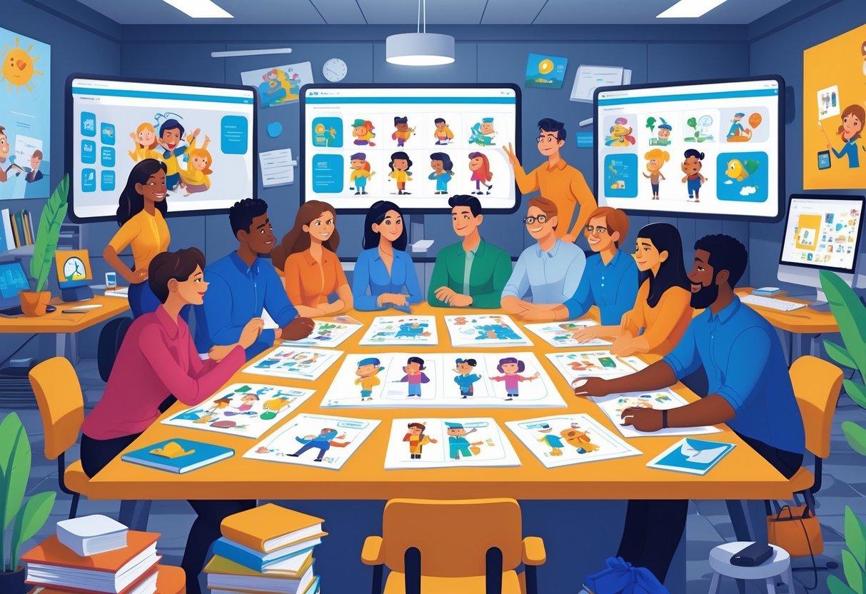A group of creative professionals collaborating around a table with animation sketches and digital tablets in an office setting focused on educational content.
