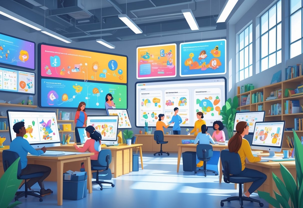 A bright animation studio with people working together on educational animation projects, surrounded by screens, drawing tablets, and books.
