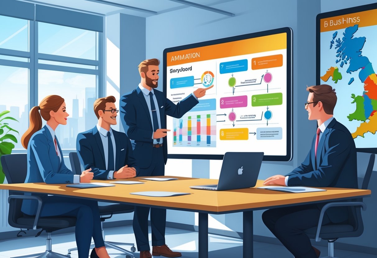An animation consultant discussing project plans with two UK business clients in a modern office.
