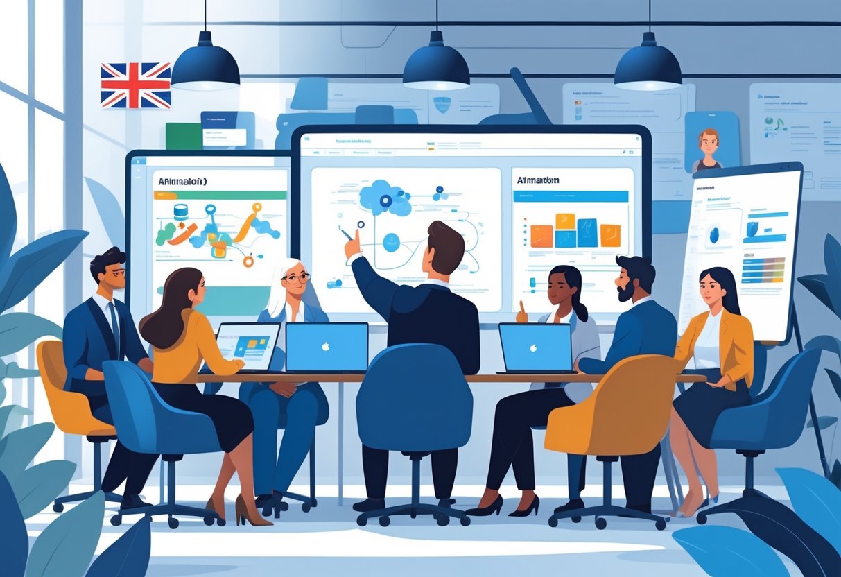 A group of business people in an office discussing animation concepts around a table with digital screens and storyboards.