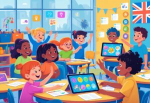 A diverse group of learners with different neurological needs engaging with animated educational content on digital devices in a bright, inclusive UK classroom.
