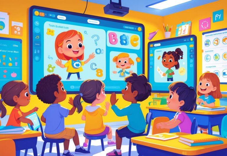 Children in a classroom watching animated characters on a screen, learning numbers and letters through playful movements.