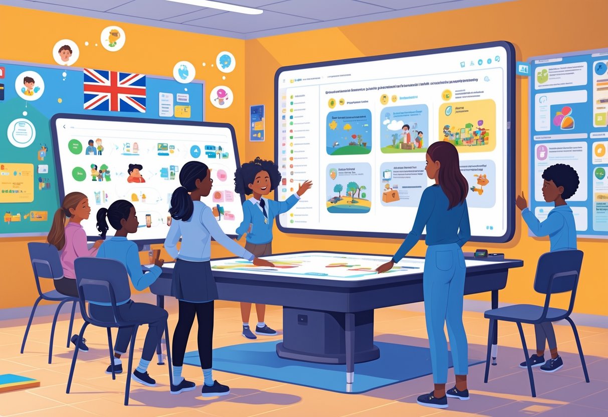 A classroom with students and a teacher using a digital touchscreen table showing animated educational content, with a digital whiteboard displaying animated sequences and UK-themed classroom elements.