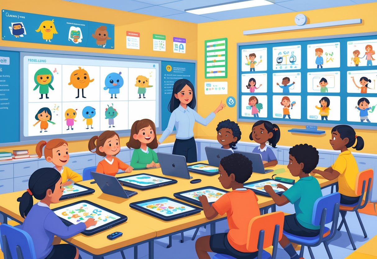 Children in a UK classroom using tablets and laptops to create animations, guided by a teacher at an interactive whiteboard.