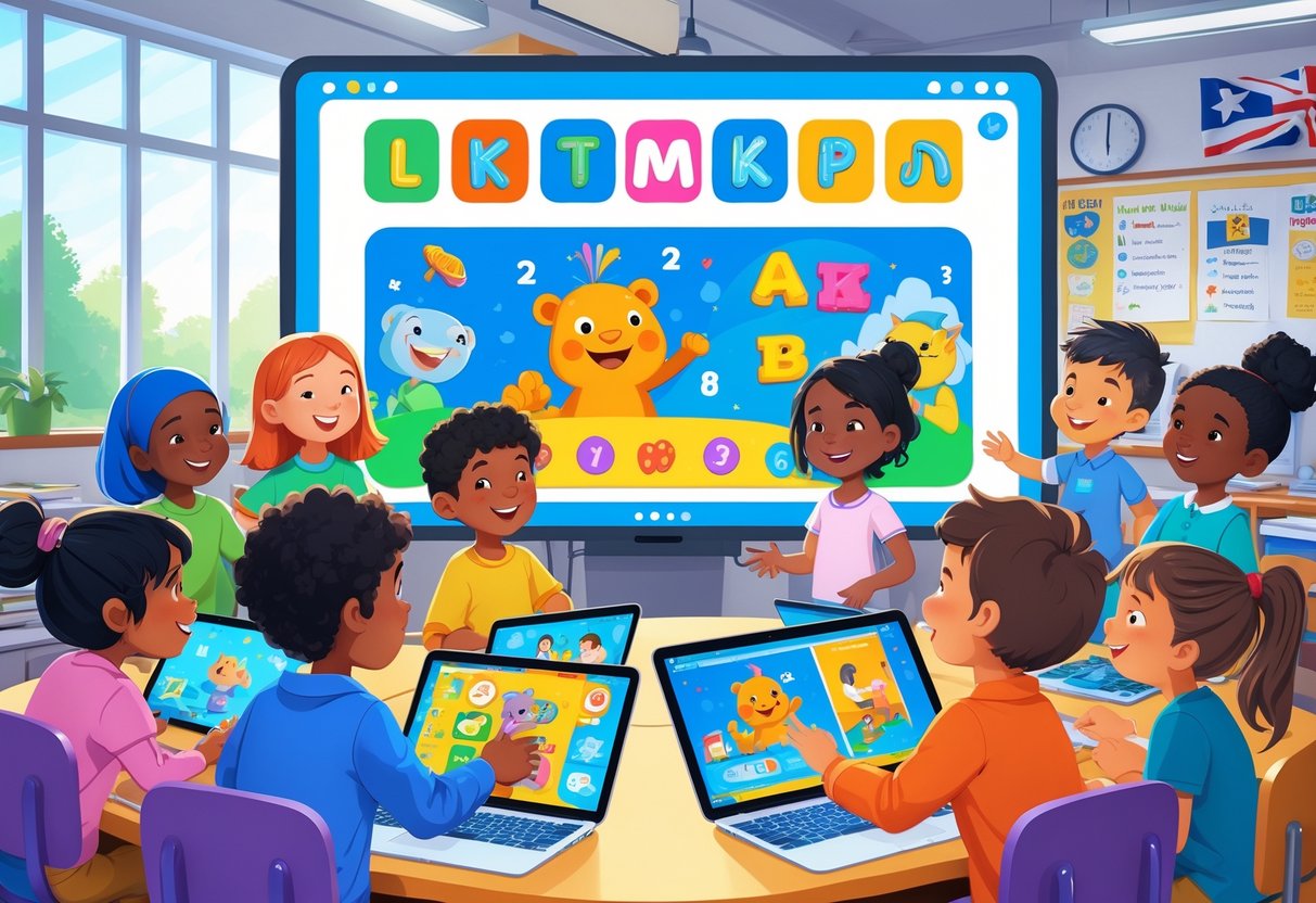 Children of different backgrounds learning with animated content on digital screens in a bright UK classroom, guided by a teacher.