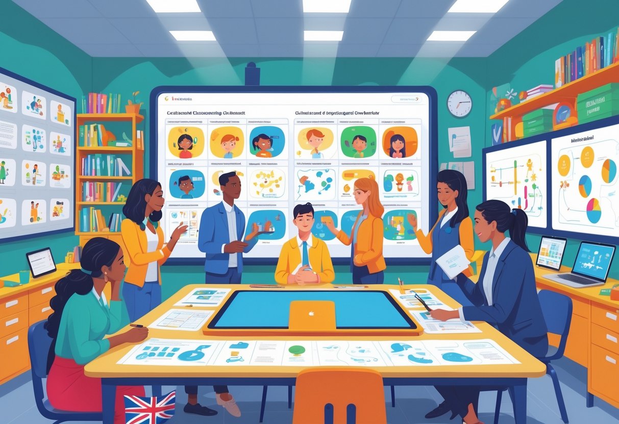 A group of educators working together in a classroom with digital screens showing animated educational content and charts, surrounded by books and creative tools.