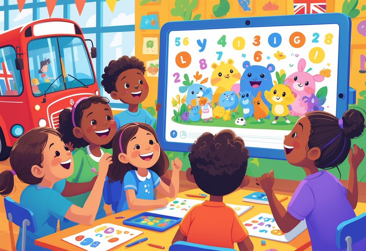 Children in a bright classroom watching animated educational content on a screen, surrounded by playful learning elements and British-themed decorations.