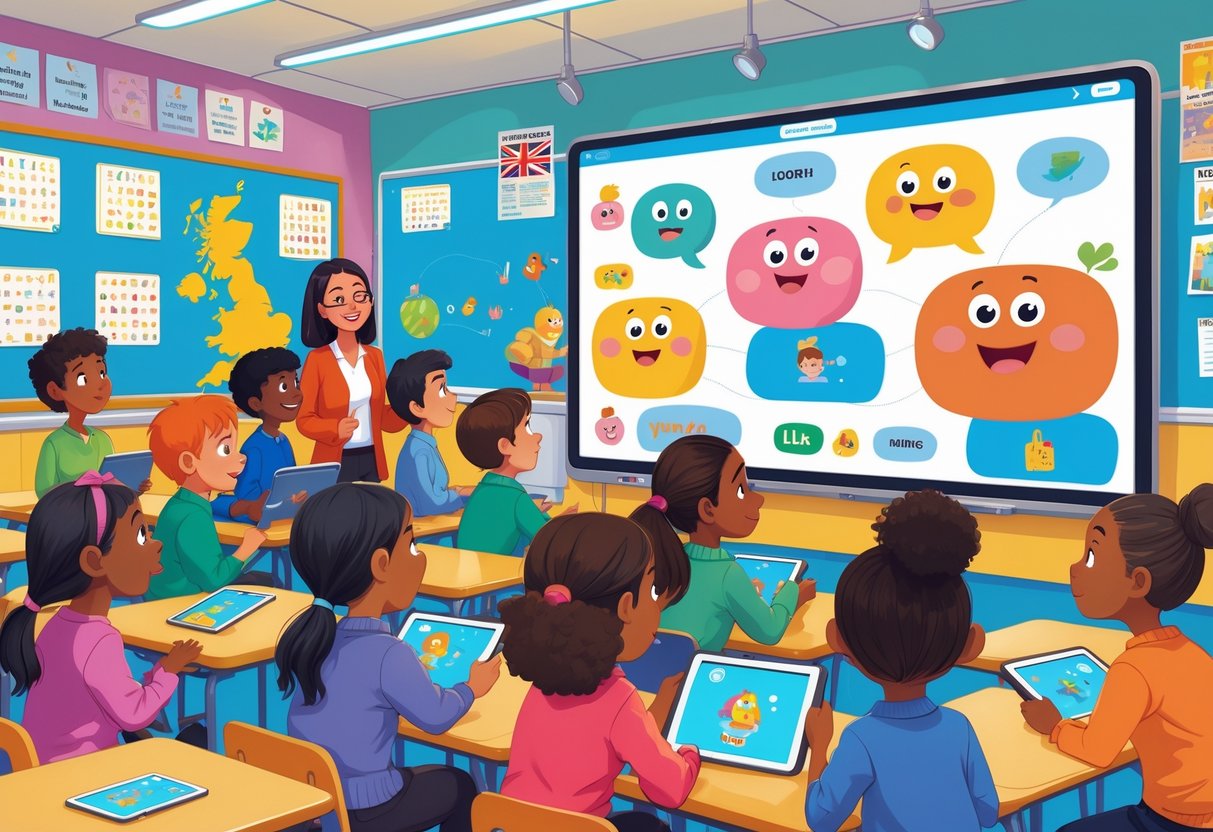 A group of diverse children in a UK classroom watching animated characters on a large screen while a teacher supports their learning.