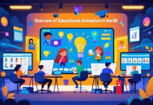 A group of people working together in a studio creating animated educational content, with digital screens and drawings visible, set against a background featuring UK landmarks.