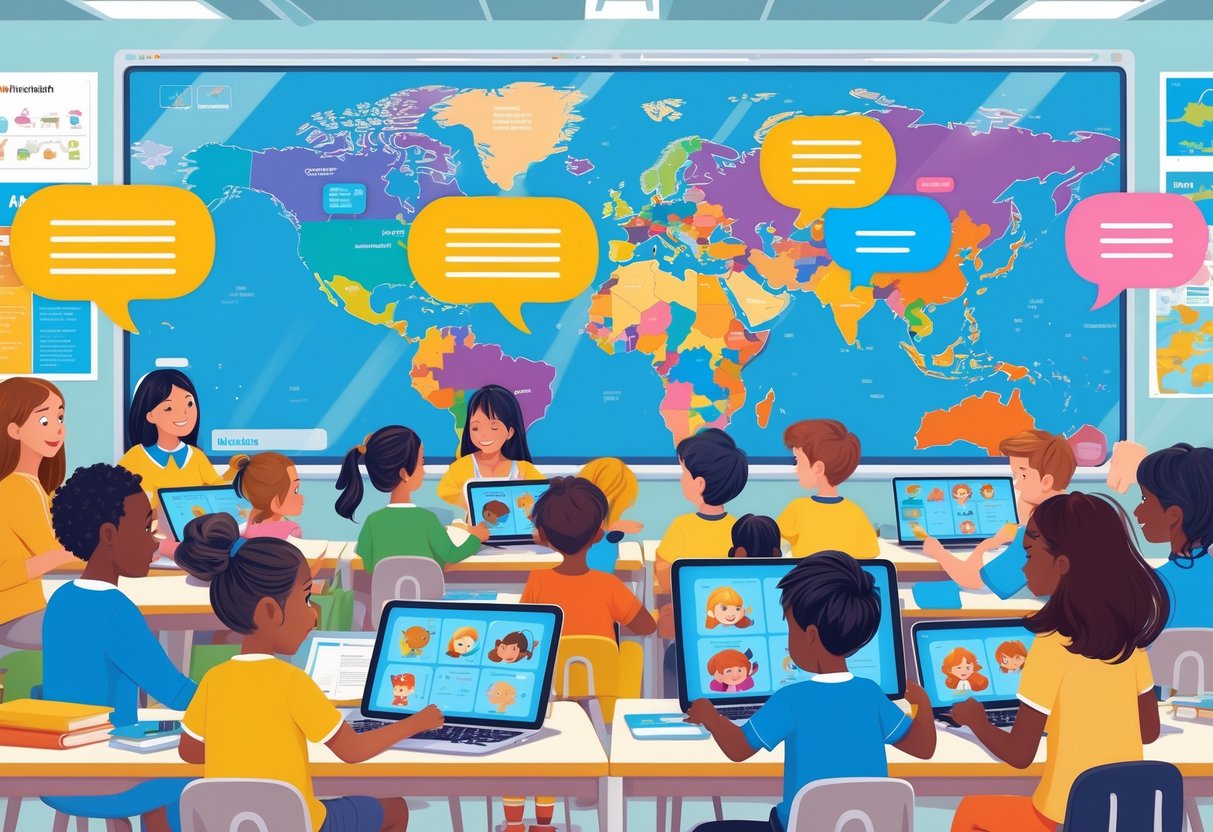 A diverse group of learners using digital devices in a classroom to engage with animated language learning content.