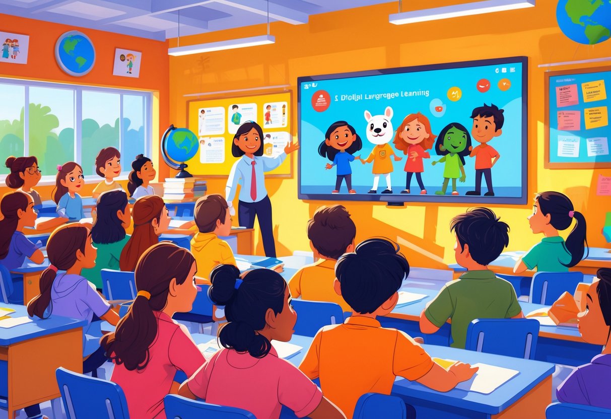 A group of young students in a classroom watching an animated film on a large screen while a teacher guides them.