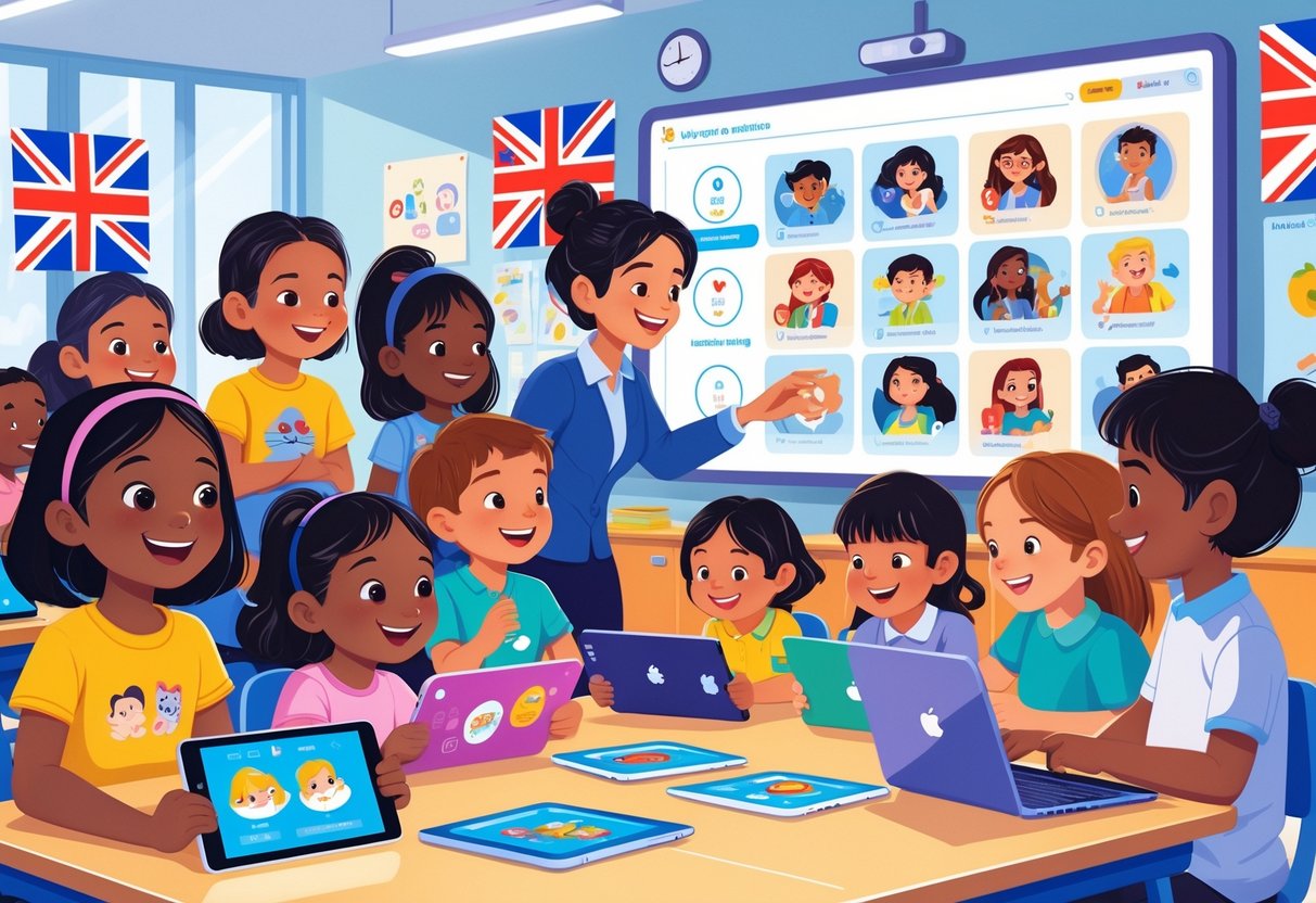 Children of different ages using digital devices to learn English with animated content in a classroom setting with a teacher assisting them.