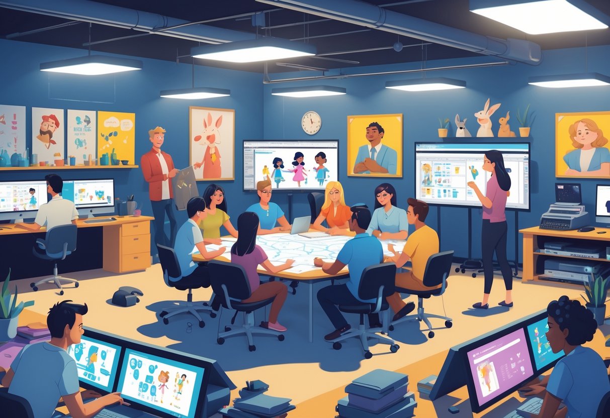 A team of animation professionals working together in a modern studio with computers, digital tablets, and storyboards.