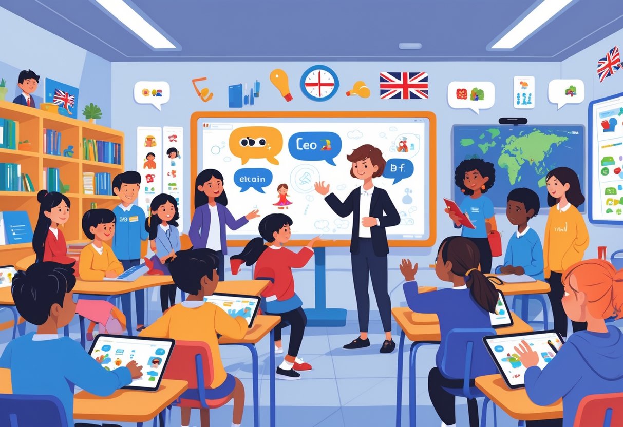 A group of diverse young students in a classroom using tablets and an interactive screen to learn English with the help of a teacher.