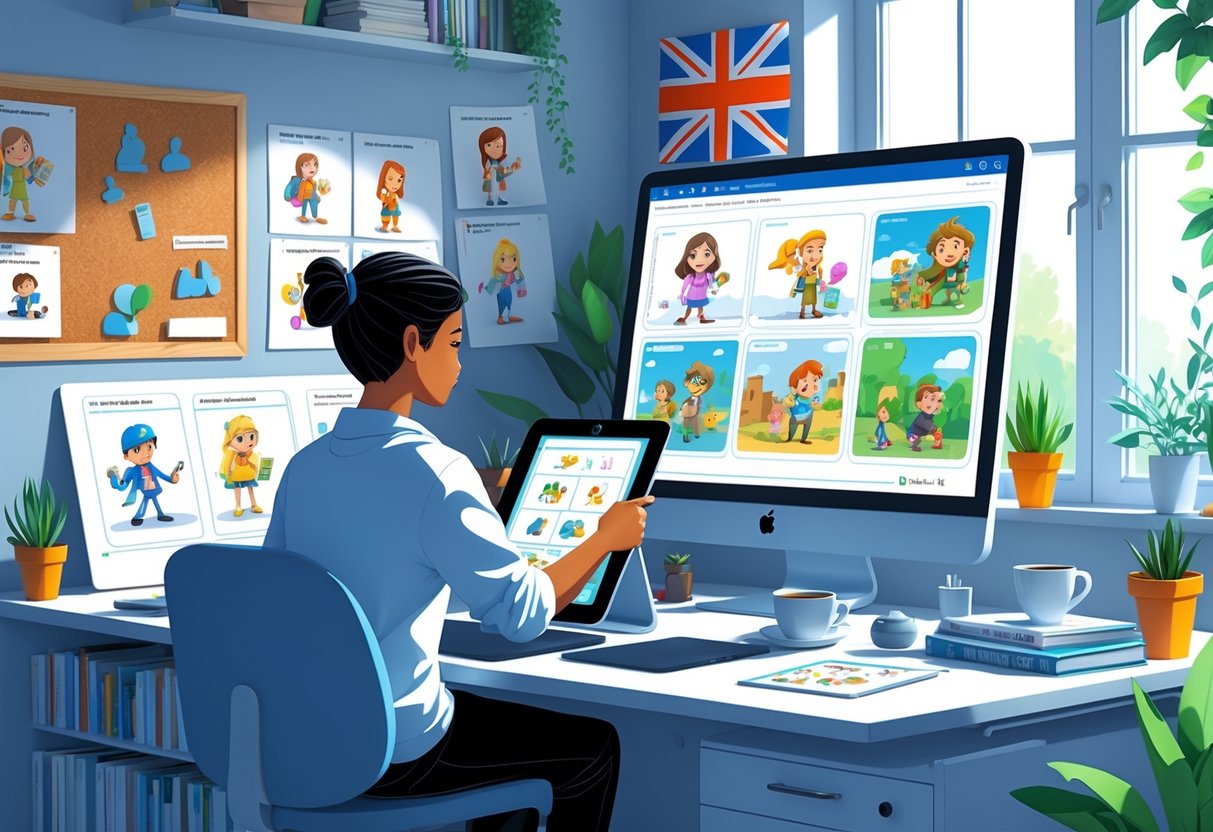 A person working at a desk with a drawing tablet and computer creating educational animations, surrounded by storyboards and animation sketches in a bright room with a window and plants.