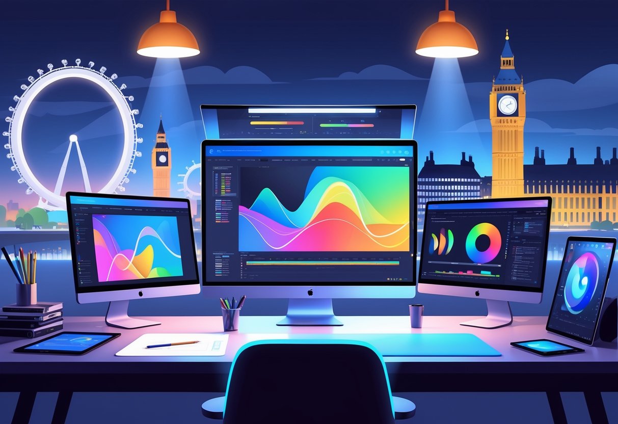 A modern creative workspace with screens showing colourful motion graphics and digital design tools, with subtle UK landmarks in the background.