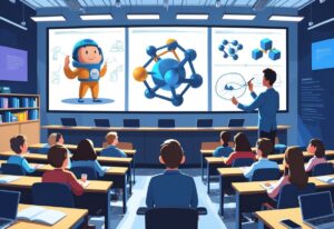 A university lecture hall with students watching a digital screen showing different animation styles while a lecturer interacts with the display.