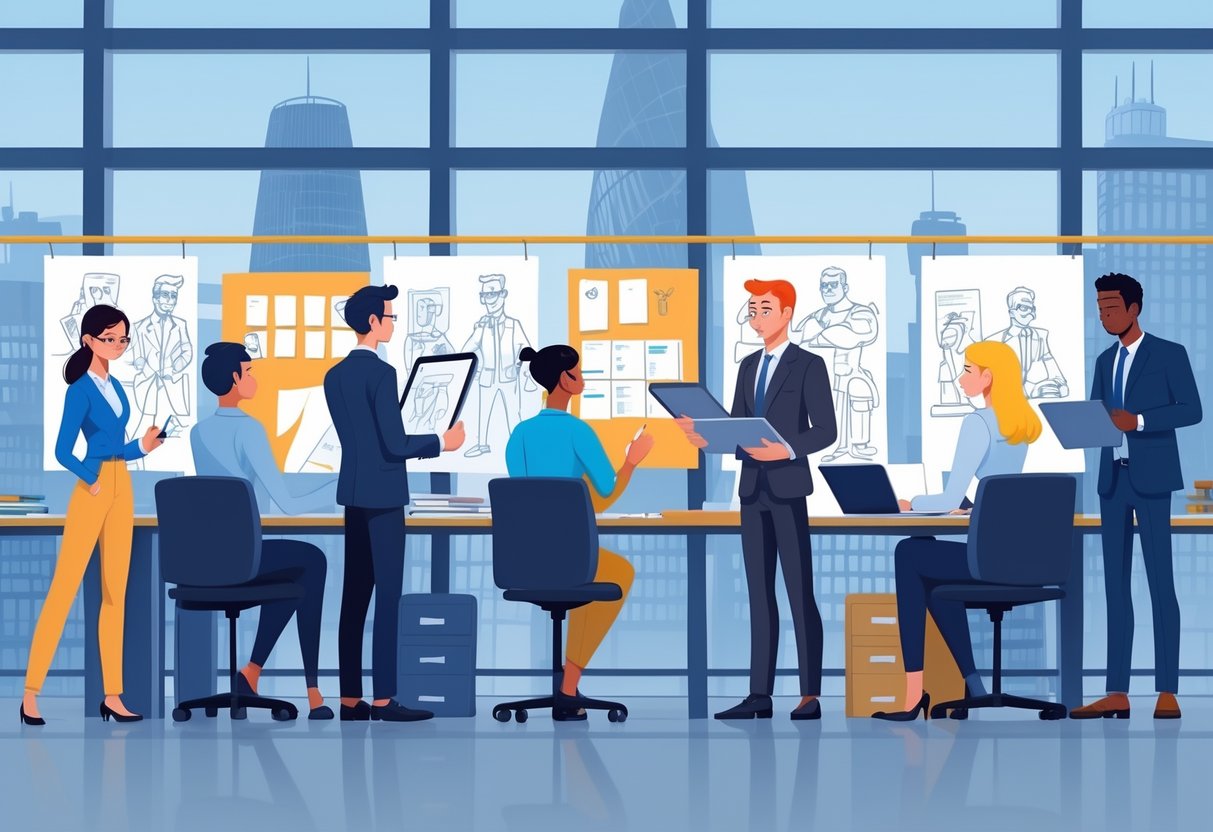 A group of business professionals working together on character animation projects in a modern office with a city view.