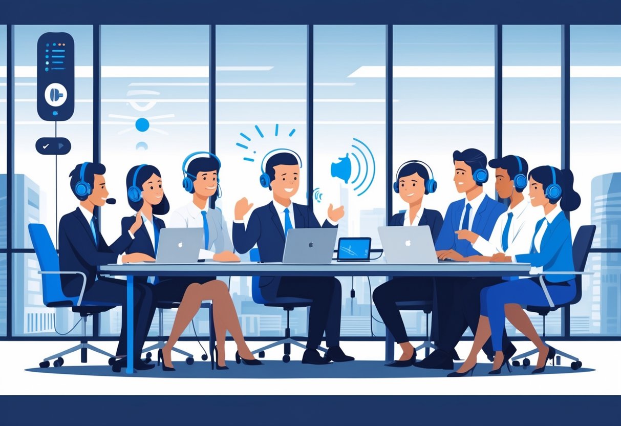 A group of business professionals in an office using microphones and headphones to work on audio and voice integration.