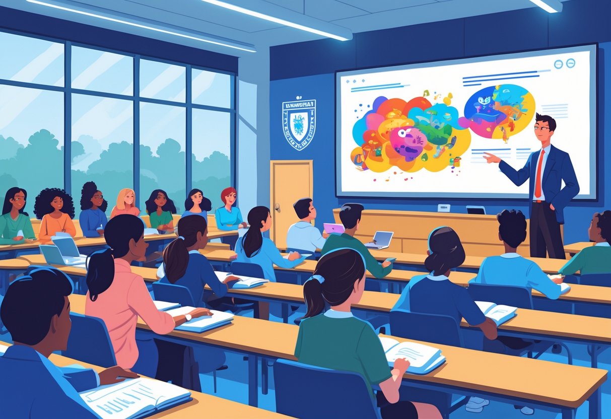 University lecture hall with students watching animated educational content on a large screen while a lecturer explains the material.