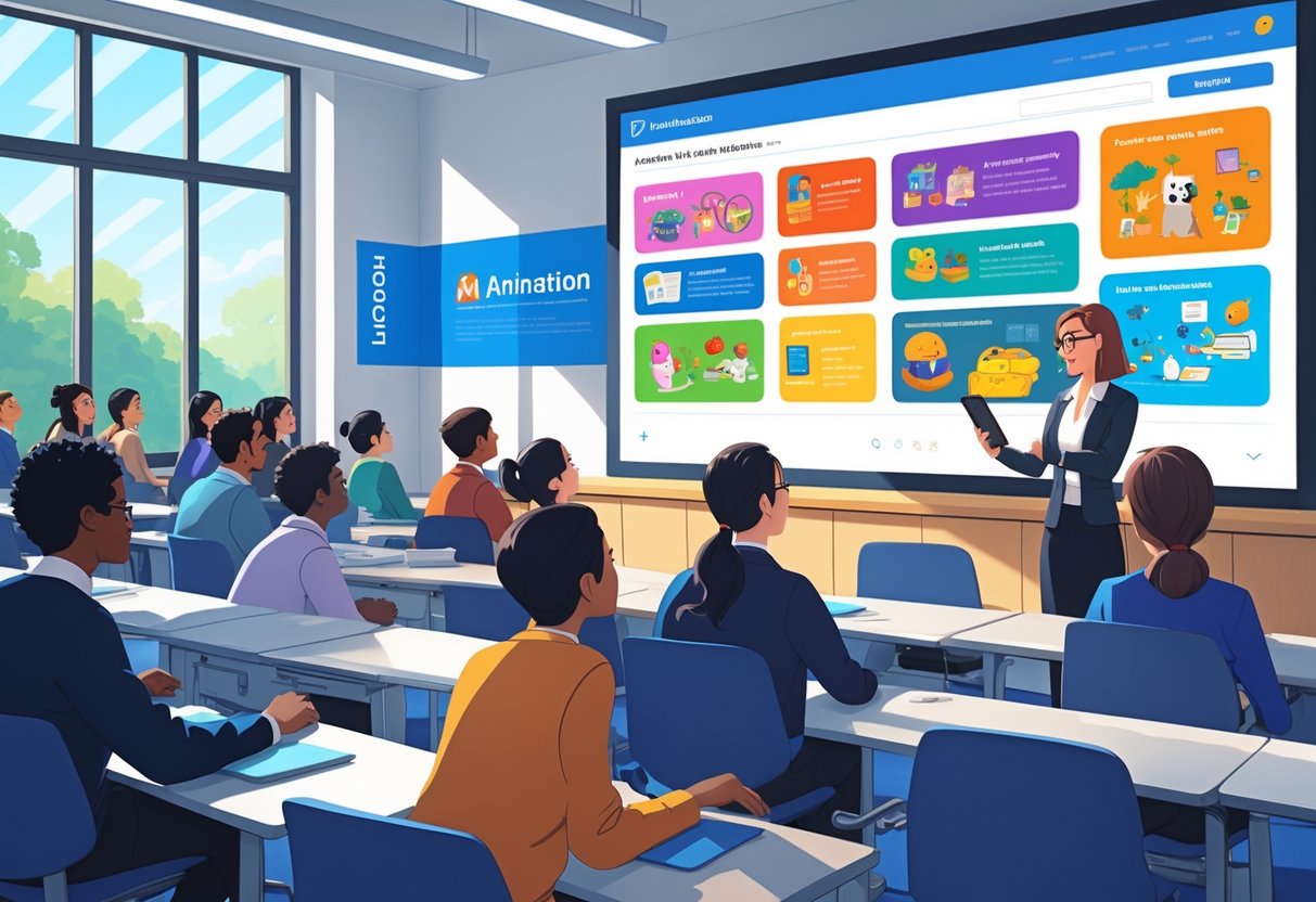 A university lecture room in the UK with students watching animated educational content on a large screen while a lecturer controls the presentation.