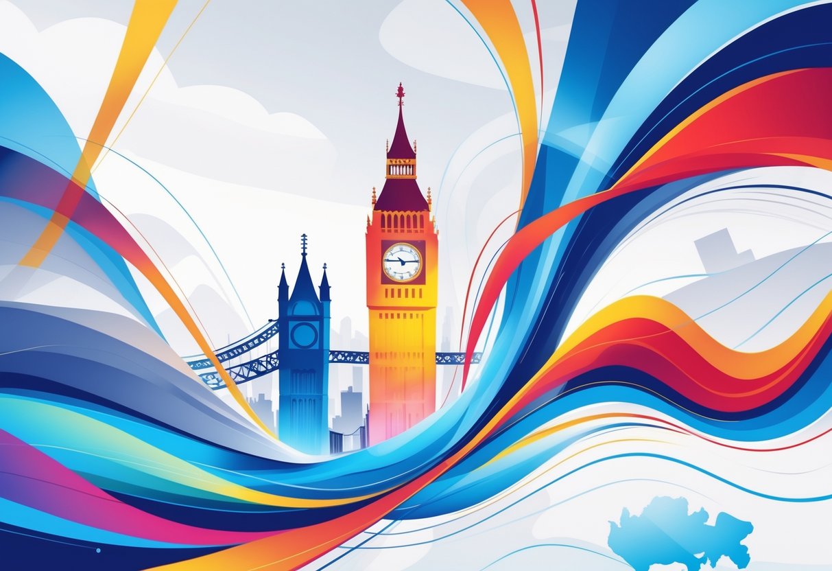 Abstract shapes and flowing lines representing animated text movement with subtle UK landmarks in the background.