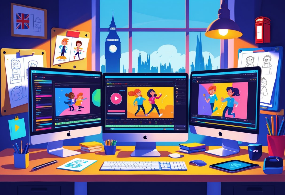 A creative workspace with computer screens showing animation software, a graphic tablet, storyboards, and a window with a London skyline in the background.
