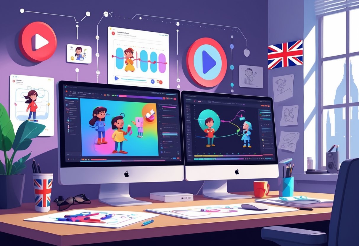 A creative workspace with computer screens showing animation software, animation sketches, and UK-themed items like a Union Jack cup and London skyline.