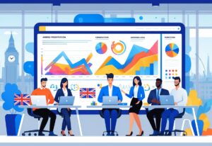 A group of professionals working together around a large digital screen showing animated charts and icons, with a view of London landmarks visible through a window.