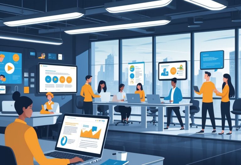 Office scene showing employees using different types of animated content on digital devices for internal communication.