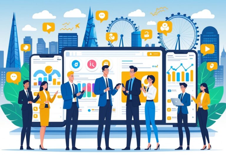 A group of business professionals in the UK interacting with animated social media content on digital devices, with the London skyline in the background.