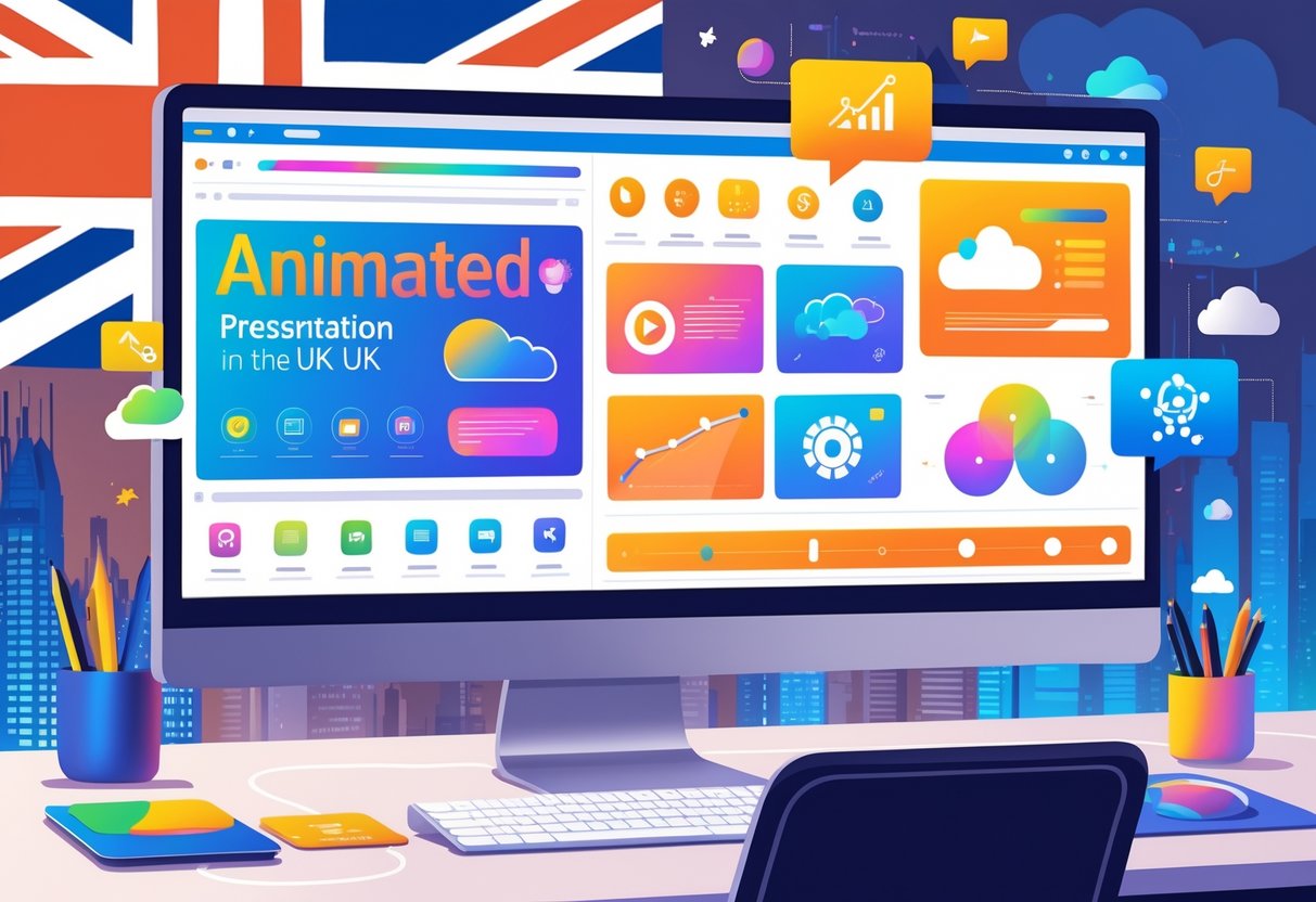 A modern workspace with a computer displaying animated presentation slides, surrounded by digital tools and a UK cityscape in the background.