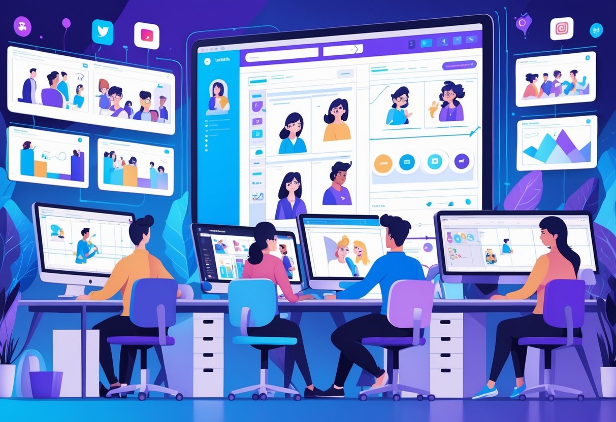 A team of people working together in a creative studio with computers and drawing tablets, showing different stages of creating animated social media content.