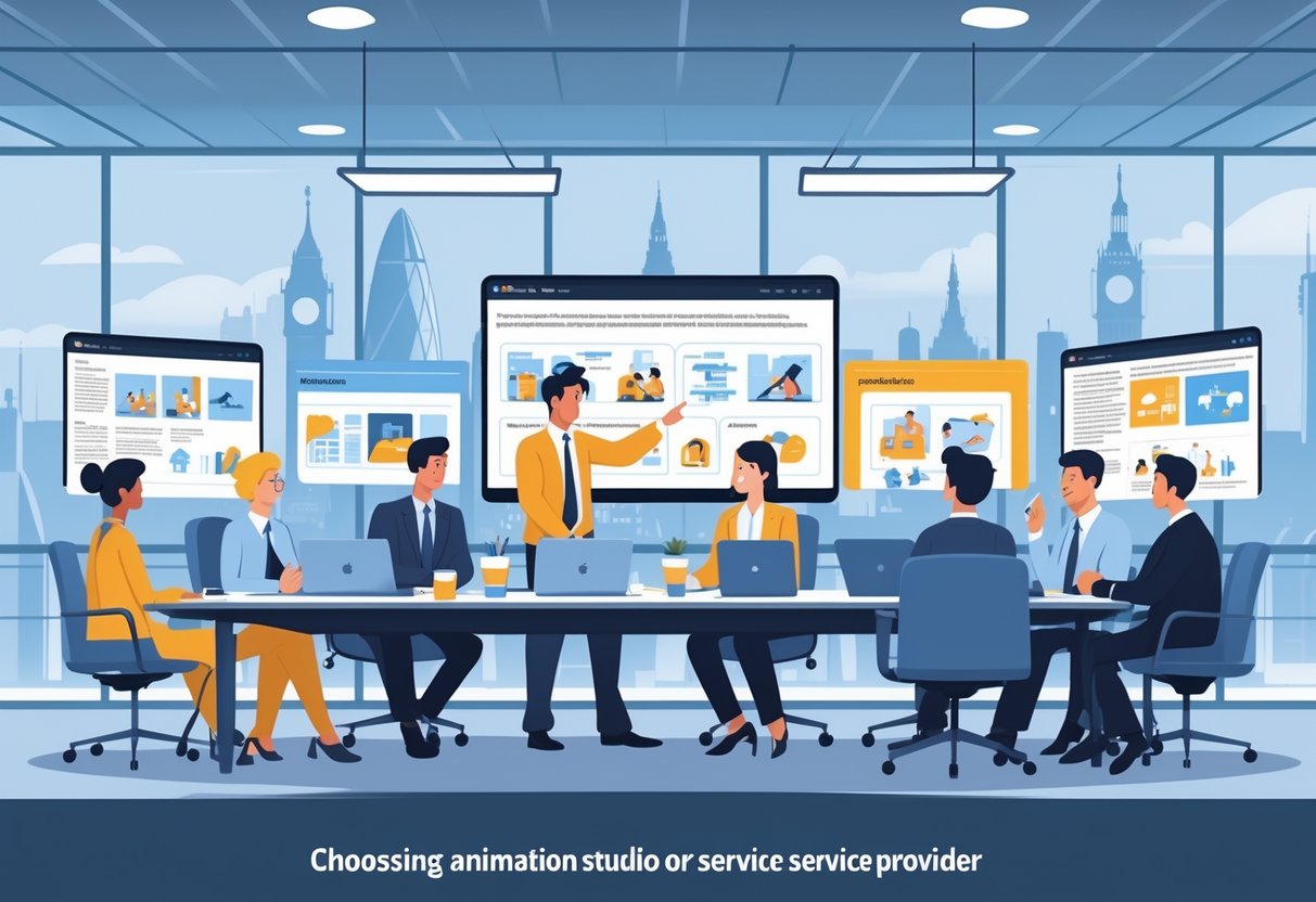 A group of business professionals in a meeting room discussing animation service options with digital screens showing animation styles, with UK landmarks visible through the windows.