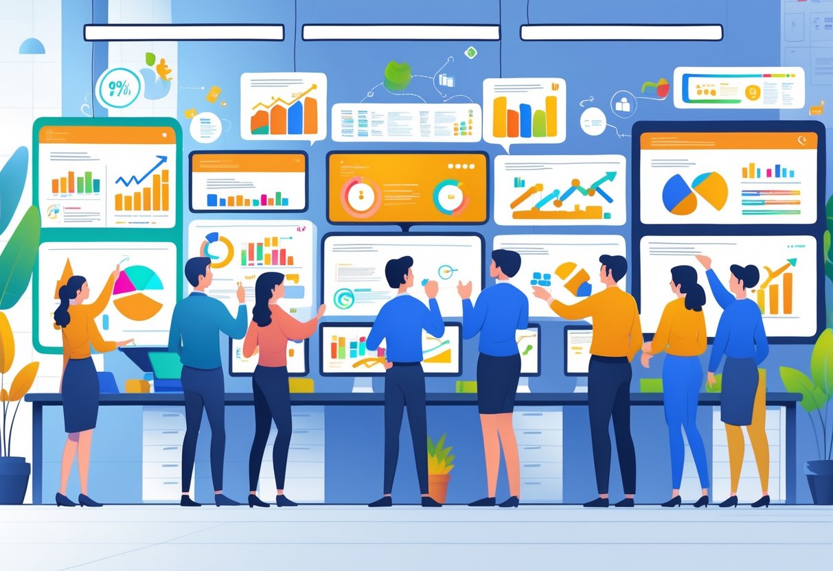 A group of employees in a bright office interacting with animated digital content and charts on screens, collaborating and discussing ideas.