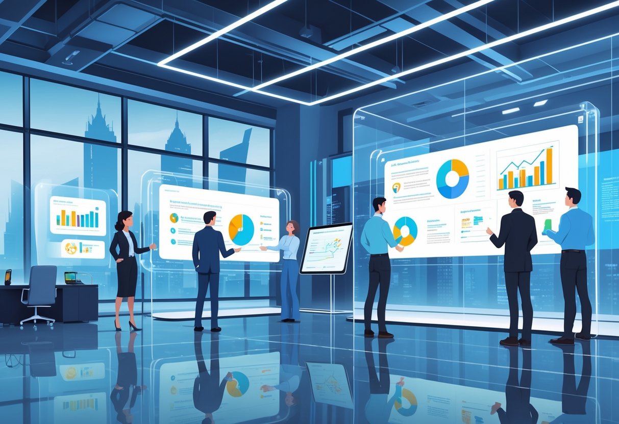 Business professionals using large digital screens with animated charts and graphs in a modern office overlooking a cityscape.
