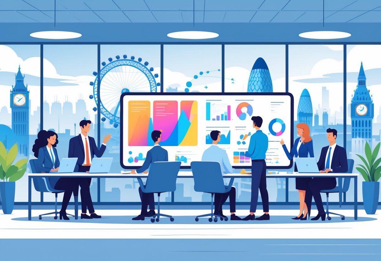 A group of business professionals working together around a digital screen showing animated charts in a modern office with a UK cityscape visible through the windows.