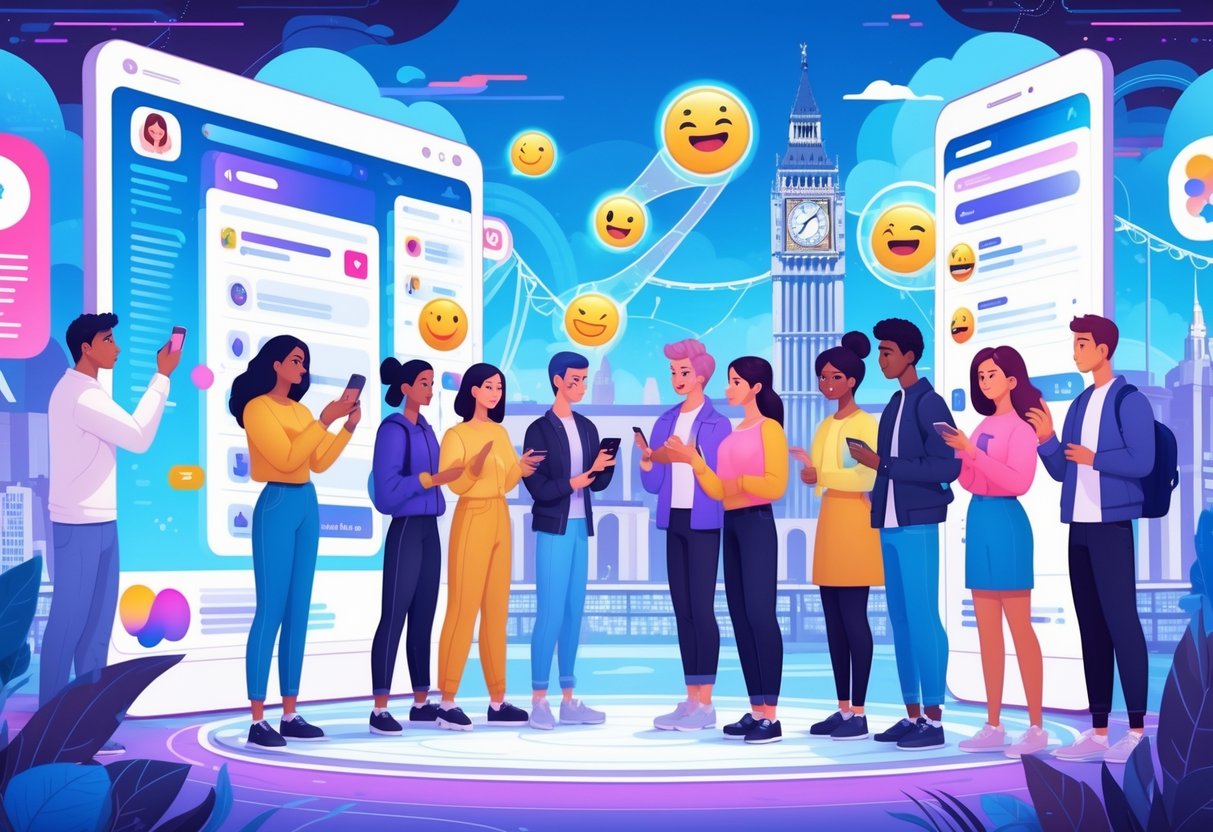 A group of young people using futuristic digital devices showing animated social media content with UK landmarks in the background.